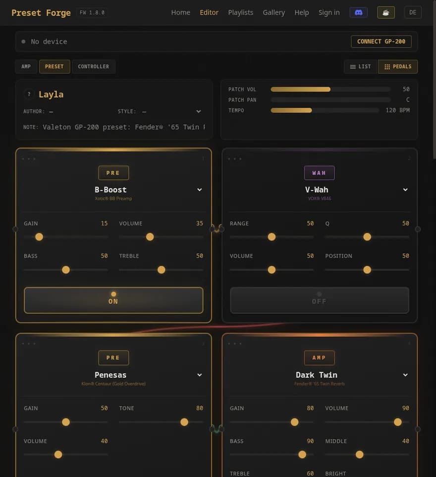 Captura del editor de Preset Forge mostrando la cadena de señal del GP-200 con slots de efectos y controles de parámetros.